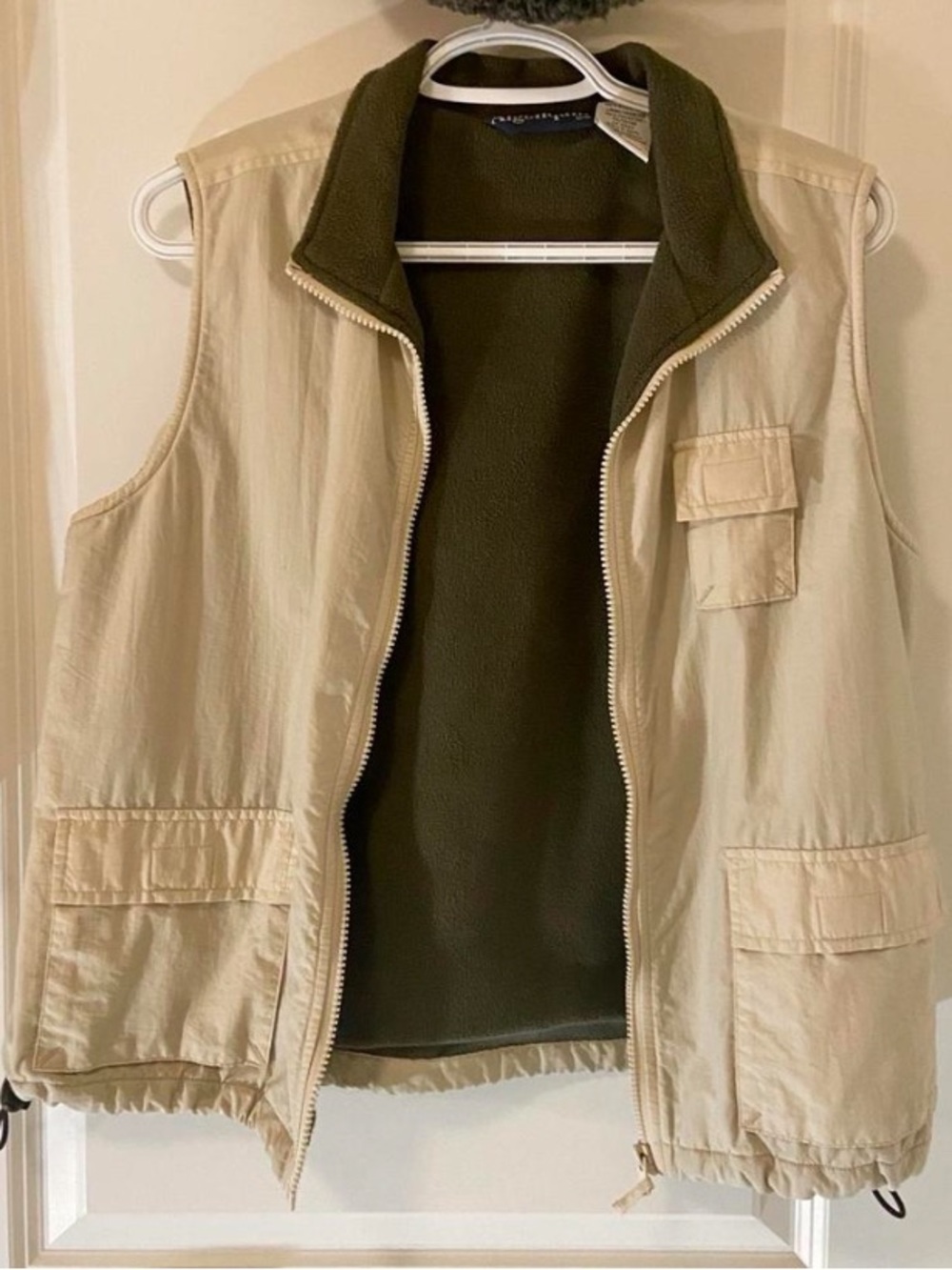Beige Utility Vest with Olive Green Liner - Women's Sleeveless Layering Vest